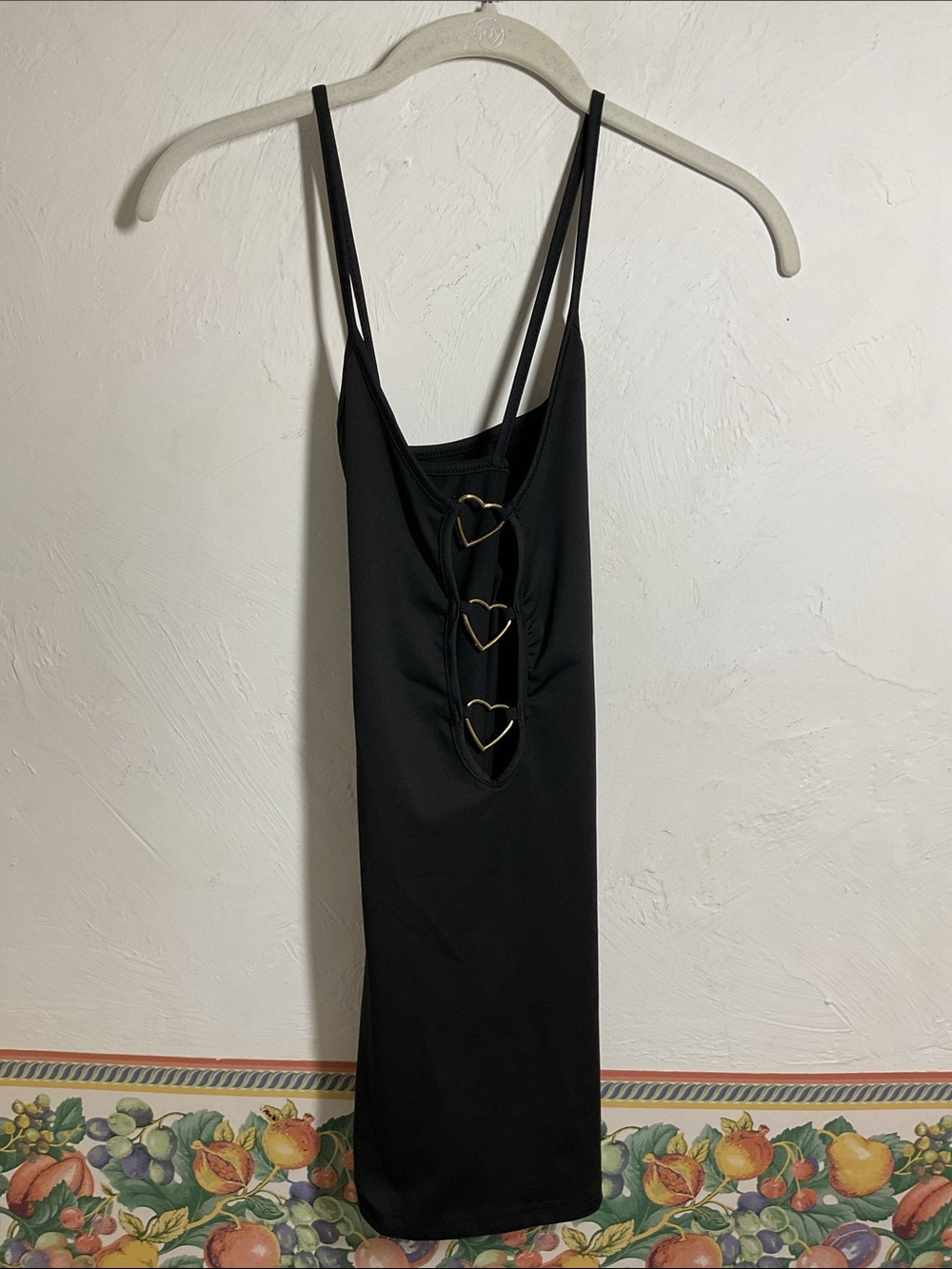 Boutique Black Bodycon Mini Dress Gold Heart Ring Front Cross Back Size S